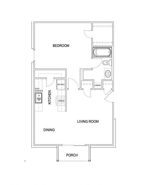 Floor plan for 1 bed, 1 bath, 640 sqft